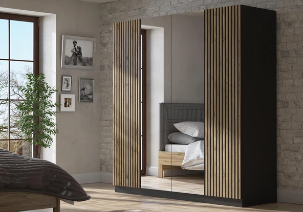 Nova Zebra Kapak Aynalı 180 Cm 4 Kapaklı Gardırop Minifiks - Wood Siyah / Atlantik Çam