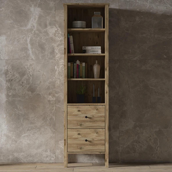 Venezia 4 Raf 2 Çekmece Ahşap Ayaklı Kitaplık, Vitrin, Çok Amaçlı Dolap - Minifiks - Atlantik Çam - 2