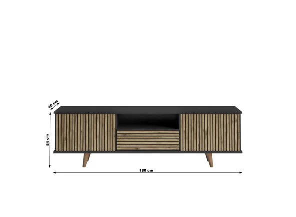 Nova  Zebra Kapak 180 Cm 2 Kapak 2 Çekmeceli Premium Tv Ünitesi - Minifiks - Wood Siyah / Atlantik Çam - 6