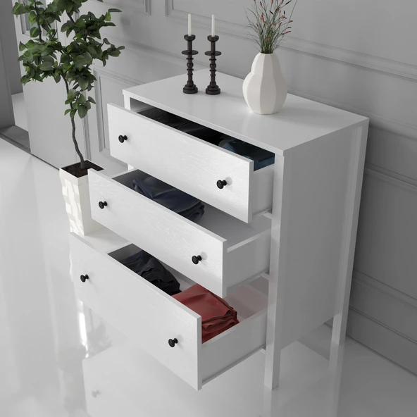 Venezia 3 Çekmeceli Şifonyer Ahşap Ayaklı - Minifiks - Wood Beyaz - 4