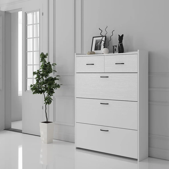 Melodi 3 Düşer Kapaklı 2 Çekmeceli Ayakkabılık - Wood Beyaz