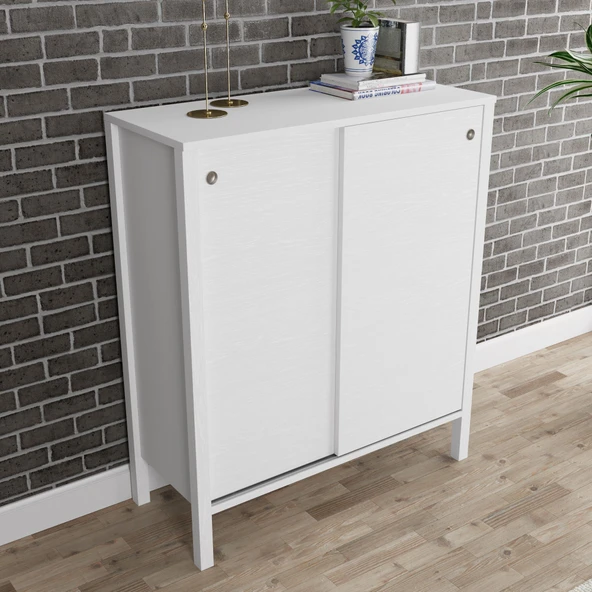 Venezia 2 Sürgülü Kapaklı, Ahşap Ayaklı, Premium Ayakkabılık, Çok Amaçlı Dolap - Minifiks - Wood Beyaz - 4