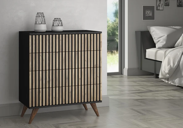Nova Zebra Desen 4 Çekmeceli Premium Şifonyer - Minifiks - Wood Siyah / Atlantik Çam