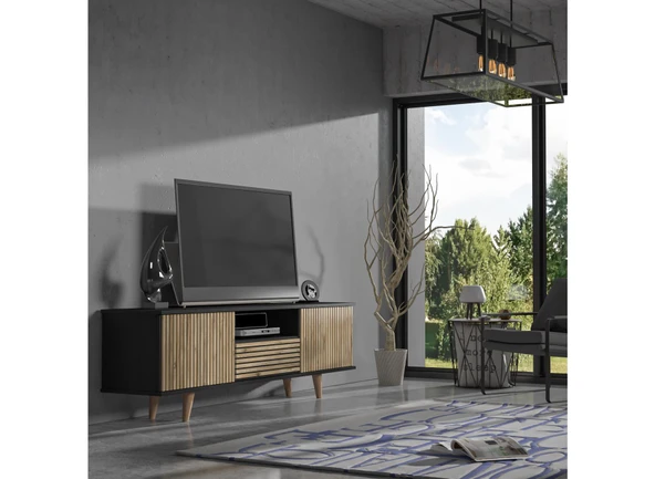 Nova  Zebra Kapak 180 Cm 2 Kapak 2 Çekmeceli Premium Tv Ünitesi - Minifiks - Wood Siyah / Atlantik Çam