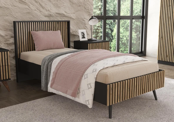 Nova Zebra Desen Tek Kişilik Premium Karyola -Minifiks - Wood Siyah / Atlantik Çam