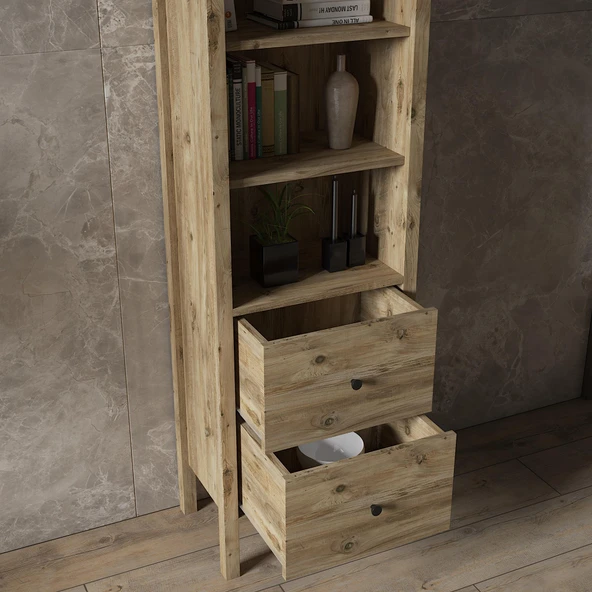 Venezia 4 Raf 2 Çekmece Ahşap Ayaklı Kitaplık, Vitrin, Çok Amaçlı Dolap - Minifiks - Atlantik Çam - 4