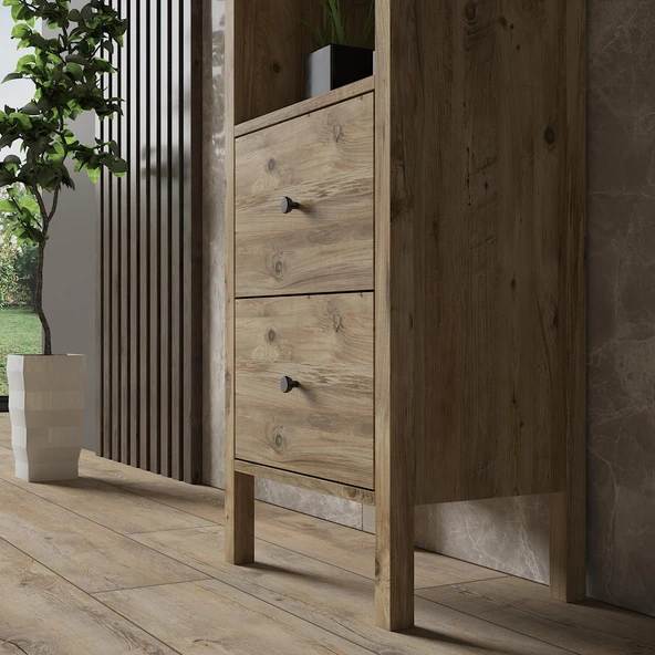 Venezia 4 Raf 2 Çekmece Ahşap Ayaklı Kitaplık, Vitrin, Çok Amaçlı Dolap - Minifiks - Atlantik Çam - 3