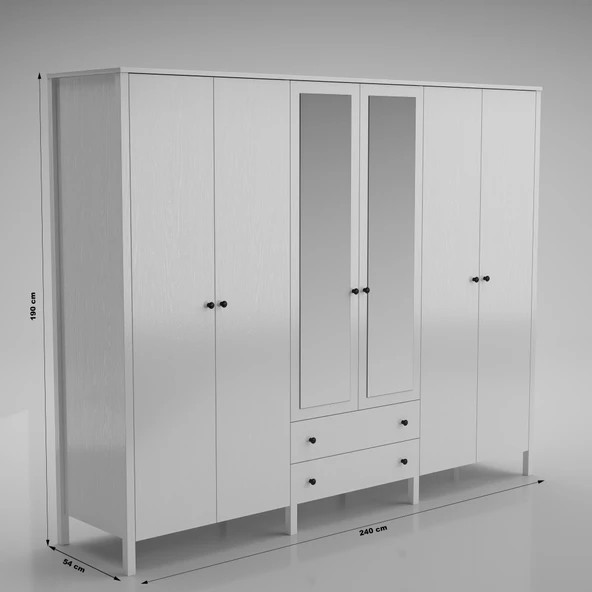 Venezia 6 Kapak 2 Çekmece Aynalı Ahşap Ayaklı Gardırop 240 Cm Genişlik - Minifiks - Wood Beyaz - 6