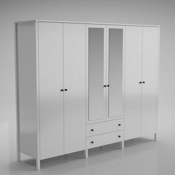 Venezia 6 Kapak 2 Çekmece Aynalı Ahşap Ayaklı Gardırop 240 Cm Genişlik - Minifiks - Wood Beyaz - 5
