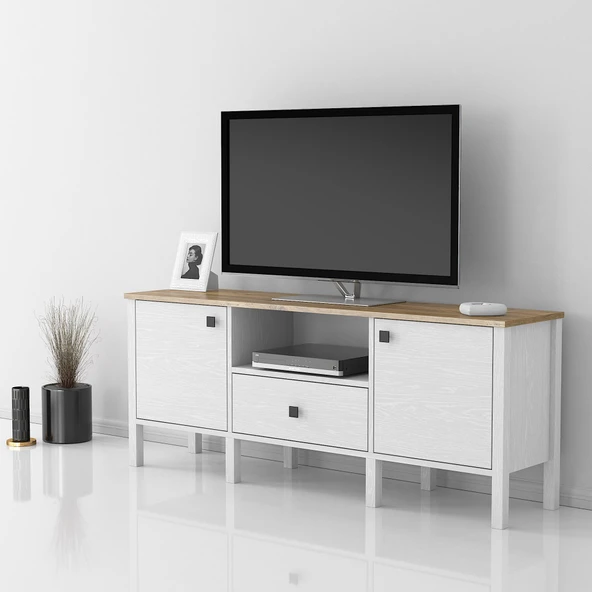 Venezia 2 Kapak 1 Çekmece Ahşap Ayaklı Tv 150 Cm Tv Ünitesi - Minifiksli - Atlantik Çam / Wood Beyaz