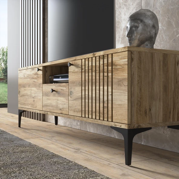 Elit Tv 150 Cm Çıta Kapaklı Metal Ayaklı Tv Ünitesi - Atlantik Çam / Siyah - 3