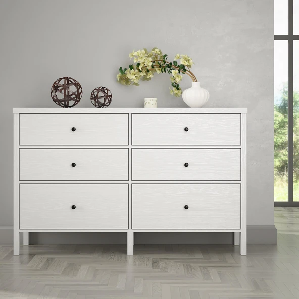 Venezia 6 Çekmeceli Geniş 154 Cm Ahşap Ayaklı Premium Şifonyer - Minifiks - Wood Beyaz - 2