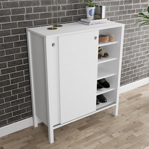 Venezia 2 Sürgülü Kapaklı, Ahşap Ayaklı, Premium Ayakkabılık, Çok Amaçlı Dolap - Minifiks - Wood Beyaz - 6