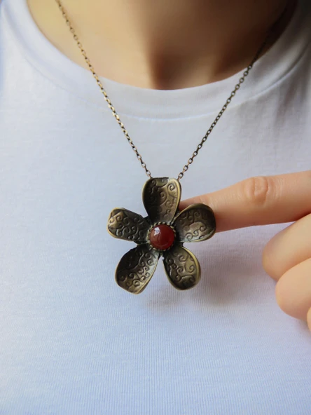 Doğal Taş Akik Doğal Taşlı Çiçek Desenli Otantik Kadın Kolye 45 Cm Zincirli euk25a - 1