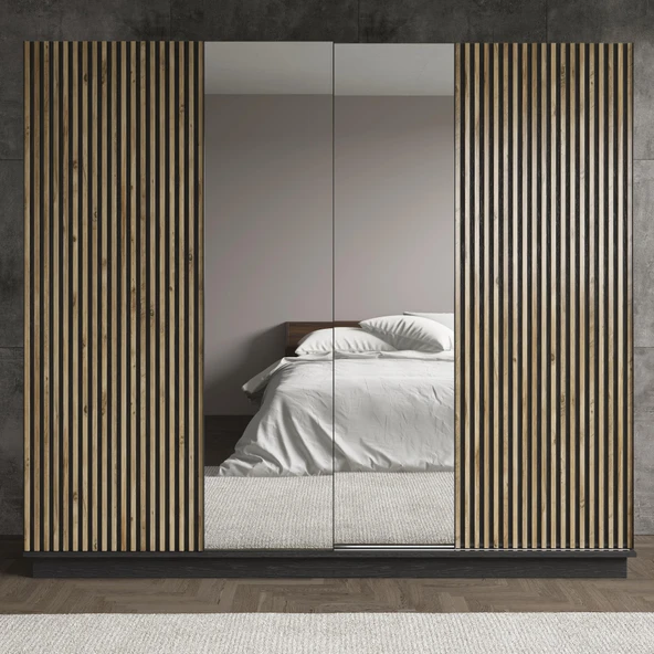 Nova Zebra Kapak Aynalı 180 Cm 4 Kapaklı Gardırop Minifiks - Wood Siyah / Atlantik Çam - 5