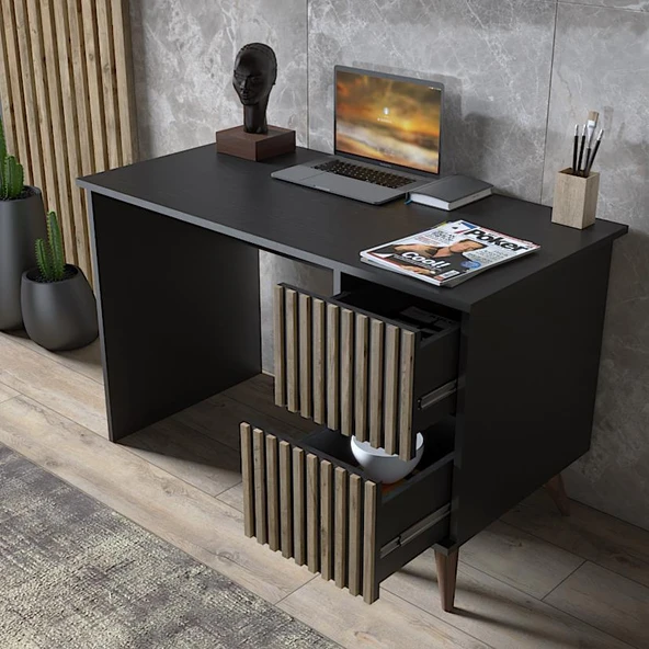 Nova Zebra Desen 2 Çekmeceli  Premium Çalışma Masası - Wood Siyah / Atlantik Çam - 2