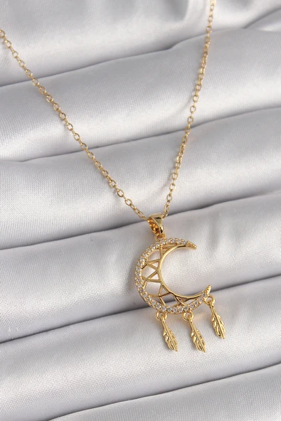 316L Çelik Gold Renk Zincir Zirkon Taşlı Hilal Model Sallantı Yaprak Detay Kadın Kolye - TJ-BKO9650
