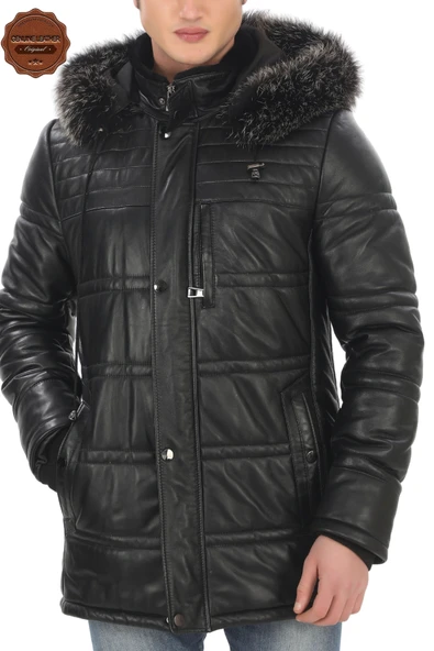 Erkek Hakiki Kuzu Derisi Kışlık Parka Kapüşonlu Kürklü Deri Mont Şişme Mont Deri Kaban - 4