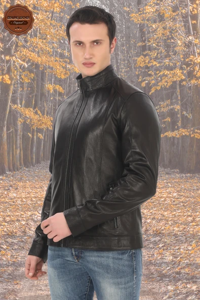 Erkek Hakiki Kuzu Derisi Mont Slim Fit Siyah Biker Ceket Fermuarlı Dik Yaka Derimont - 2