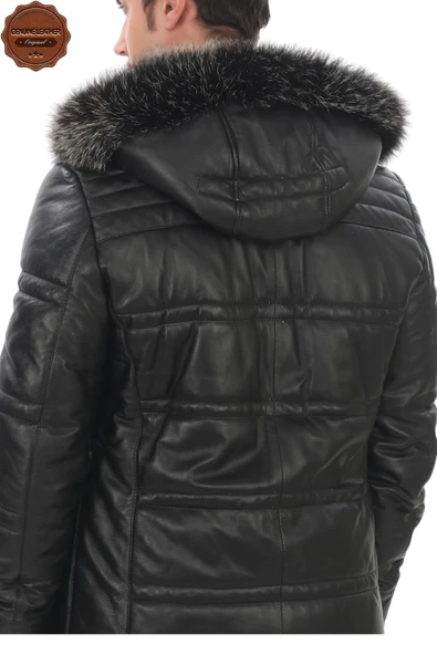Erkek Hakiki Kuzu Derisi Kışlık Parka Kapüşonlu Kürklü Deri Mont Şişme Mont Deri Kaban - 5
