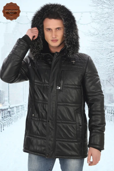 Erkek Hakiki Kuzu Derisi Kışlık Parka Kapüşonlu Kürklü Deri Mont Şişme Mont Deri Kaban - 2