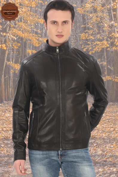 Erkek Hakiki Kuzu Derisi Mont Slim Fit Siyah Biker Ceket Fermuarlı Dik Yaka Derimont