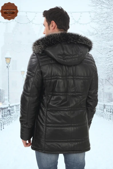 Erkek Hakiki Kuzu Derisi Kışlık Parka Kapüşonlu Kürklü Deri Mont Şişme Mont Deri Kaban - 3