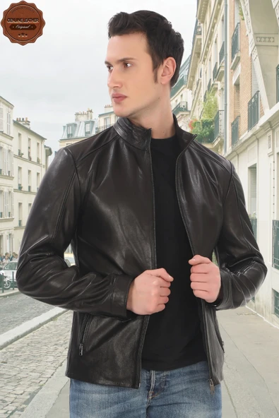 Erkek Hakiki Kuzu Derisi Derimont Ceket Slim Fit Siyah Fermuarlı