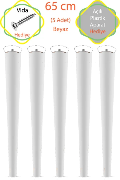 Beyaz 5 Adet Lüks 65 Cm Konik Ahşap Masa Ayağı Çap: 4,2 Cm Hobi Dıy (VİDA VE APARATLARIYLA BİRLİKTE)