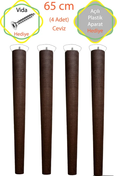 Ceviz 4 Adet Lüks 65 Cm Konik Ahşap Masa Ayağı Çap: 4,2 Cm Hobi Dıy (VİDA VE APARATLARIYLA BİRLİKTE) ürün görseli 1