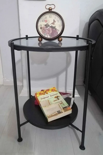 Nordic Yan Sehpa Temperli Cam 40 cm Demonte Çizilmez Kırılmaz Metal Çerçeve Raflı Minimalist Sehpa S - Resim 3