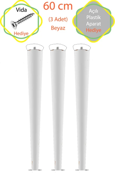 Beyaz 3 Adet Lüks 60 Cm Konik Ahşap Masa Ayağı Çap: 4,2 Cm Hobi Dıy (VİDA VE APARATLARIYLA BİRLİKTE)