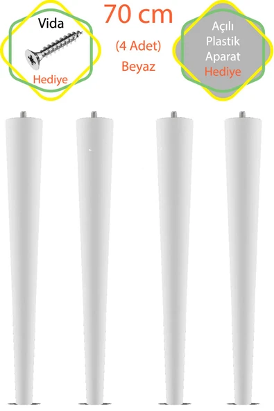 Beyaz 4 Adet 70 Cm Konik Ahşap Masa Ayağı Çap:4,2 Cm Hobi (VİDA VE APARATLARIYLA BİRLİKTE)