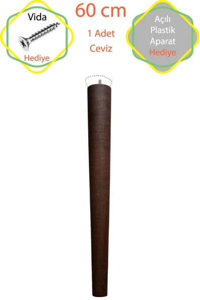 Ceviz 1 Adet Lüks 60 Cm Konik Ahşap Masa Ayağı Çap: 4,2 Cm Hobi Dıy (VİDA VE APARATLARIYLA BİRLİKTE)