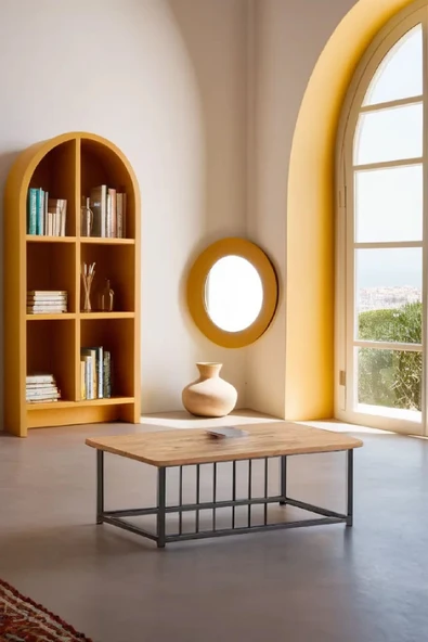 Ahşap Orta Sehpa 60x90 Modern Metal Ayak Siyah Tam Çerçeve Çam Desen Salon Ofis Balkon Sehpası ürün görseli