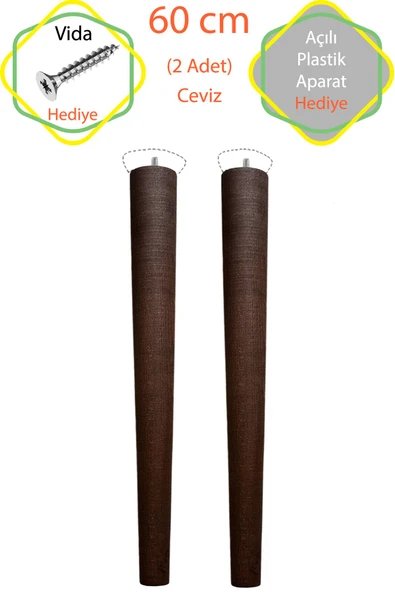 Ceviz 2 Adet Lüks 60 Cm Konik Ahşap Masa Ayağı Çap: 4,2 Cm Hobi Dıy (VİDA VE APARATLARIYLA BİRLİKTE)