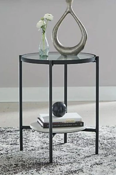 Nordic Yan Sehpa Temperli Cam 40 cm Demonte Çizilmez Kırılmaz Metal Çerçeve Raflı Minimalist Sehpa B