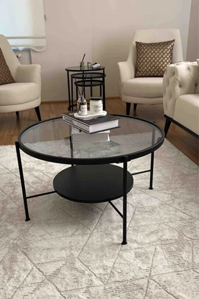Nordic Orta Sehpa Temperli Cam 75 cm Demonte Çizilmez Kırılmaz Metal Çerçeve Raflı Minimalist Sehpa