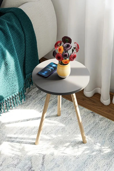 Tekli Yan Sehpa  Çiçeklik Saksılık Standı Dekoratif Yan Sehpa Seti Ahşap Ayaklı (33 cm Çap) Siyah - 2