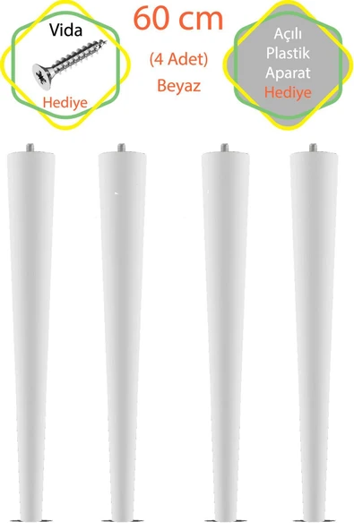 Beyaz 5 Adet Lüks 60 Cm Konik Ahşap Masa Ayağı Çap: 4,2 Cm Hobi Dıy (VİDA VE APARATLARIYLA BİRLİKTE)