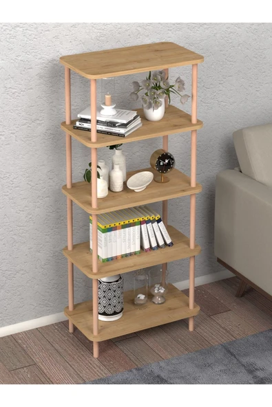 Dekoratif 5 Raflı Kitaplık Eşya Düzenleyici Mutfak, Salon, Ofis, Koridor, Balkon Rafı Safir Meşe