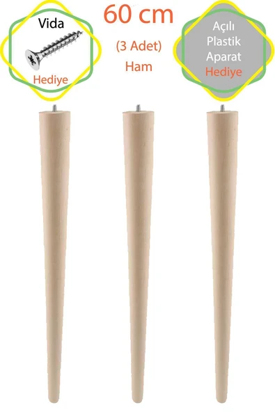 Ham 3 Adet Lüks 60 Cm Konik Ahşap Masa Ayağı Çap: 4,2 Cm Hobi Dıy (VİDA VE APARATLARIYLA BİRLİKTE) - Resim 2