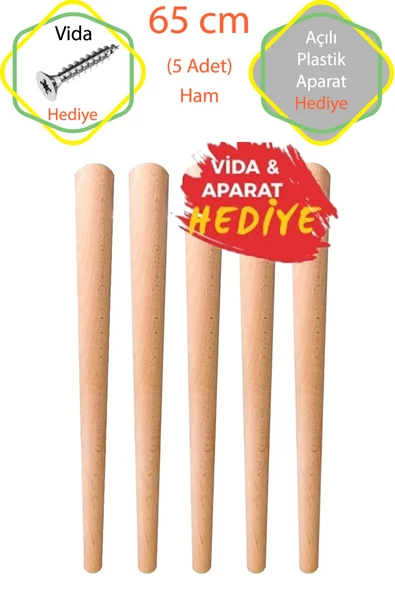 Ham 5 Adet Lüks 65 Cm Konik Ahşap Masa Ayağı Çap: 4,2 Cm Hobi Dıy (VİDA VE APARATLARIYLA BİRLİKTE)