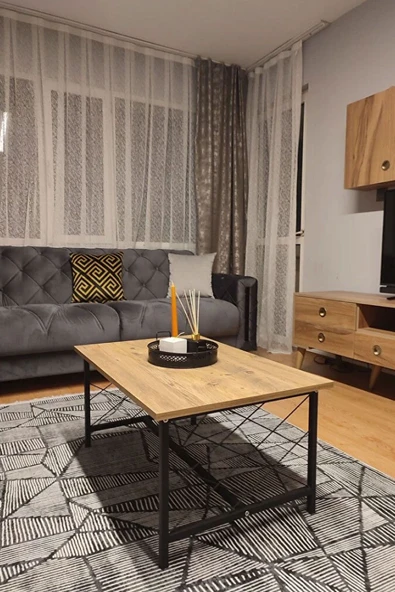Ahşap Orta Sehpa 60x90 Modern Metal Ayak Siyah Tam Çerçeve Çam Desen Salon Ofis Balkon Sehpası