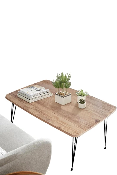 Elit Oval Atlantik Çam Masa Orta Sehpa Metal Firkete Ayaklı 50x90 Cm