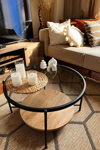 Nordic Orta Sehpa Temperli Cam 75 cm Demonte Çizilmez Kırılmaz Metal Çerçeve Raflı Minimalist Sehpa