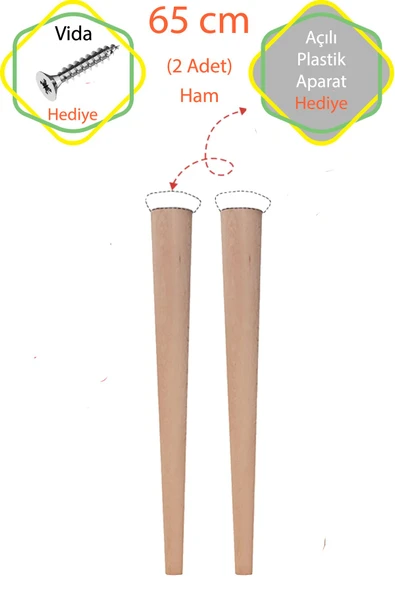 Ham 2 Adet Lüks 65 Cm Konik Ahşap Masa Ayağı Çap: 4,2 Cm Hobi Dıy (VİDA VE APARATLARIYLA BİRLİKTE)