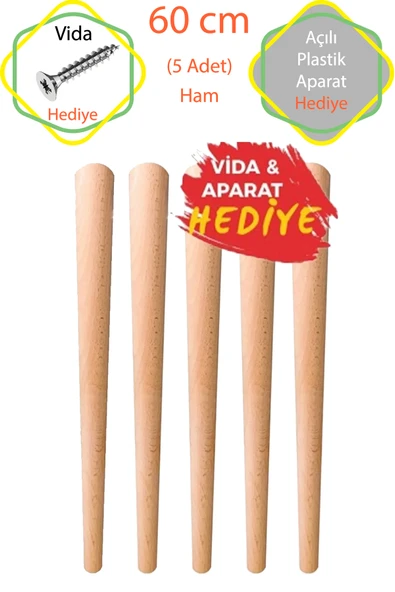 Ham 5 Adet Lüks 60 Cm Konik Ahşap Masa Ayağı Çap: 4,2 Cm Hobi Dıy (VİDA VE APARATLARIYLA BİRLİKTE)