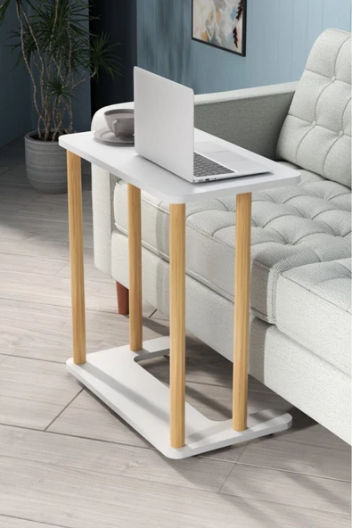 Beyaz Laptop Sehpası Ham Ahşap Ayaklı Ahşap Tabla Demonte C-Sehpa Yan Koltuk Servis Sehpası 35x60