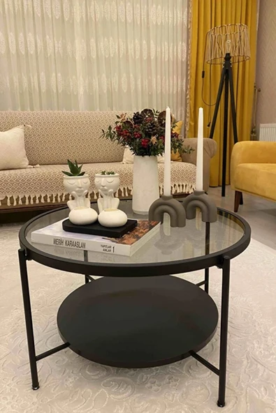 Nordic Orta Sehpa Temperli Cam 75 cm Demonte Çizilmez Kırılmaz Metal Çerçeve Raflı Minimalist Sehpa - Resim 2